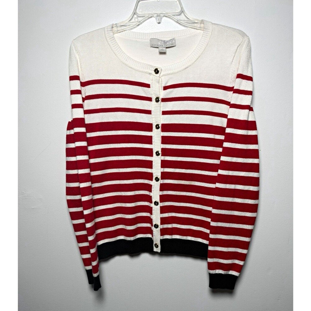 Carolyn Taylor Women’s S Red/White/Black Striped Crew Neck Button Knit Cardigan